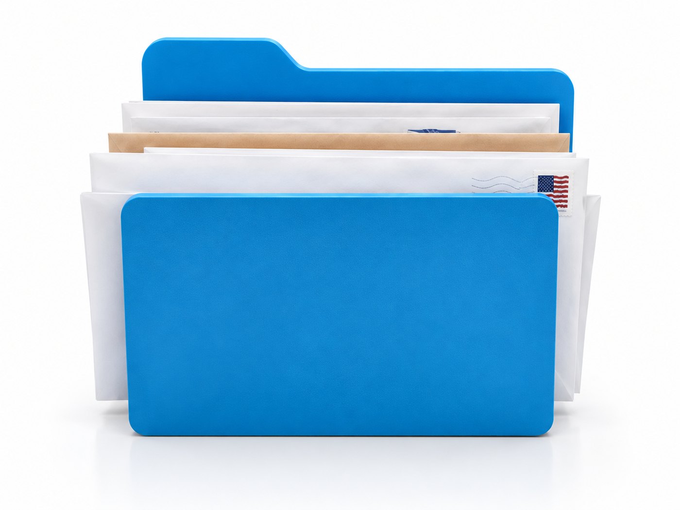 The mail organizer seen straight on, with envelopes standing in both halves.