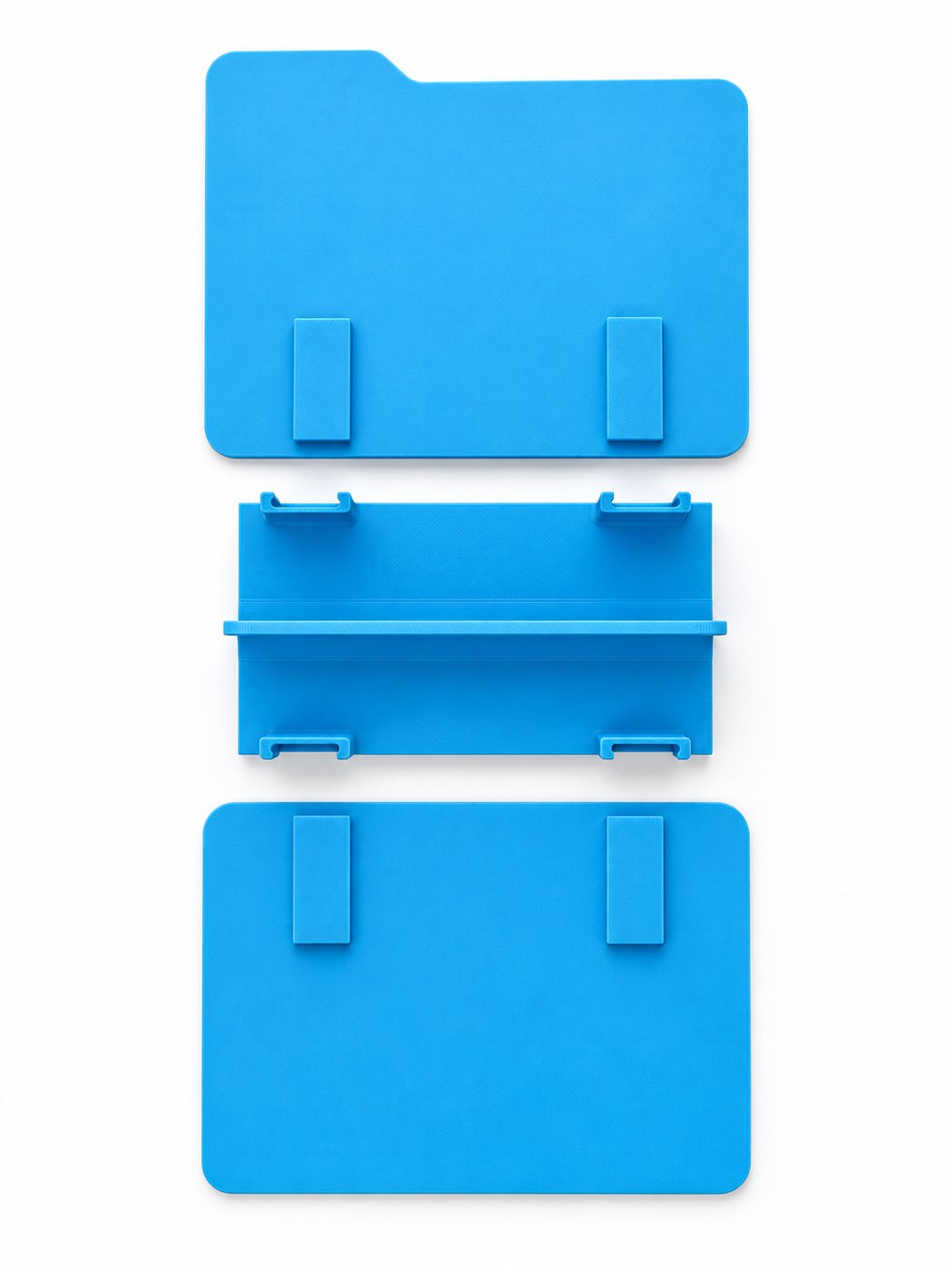 The three printed parts laid out separately: the tabbed back panel, the spine, and the shorter front panel.