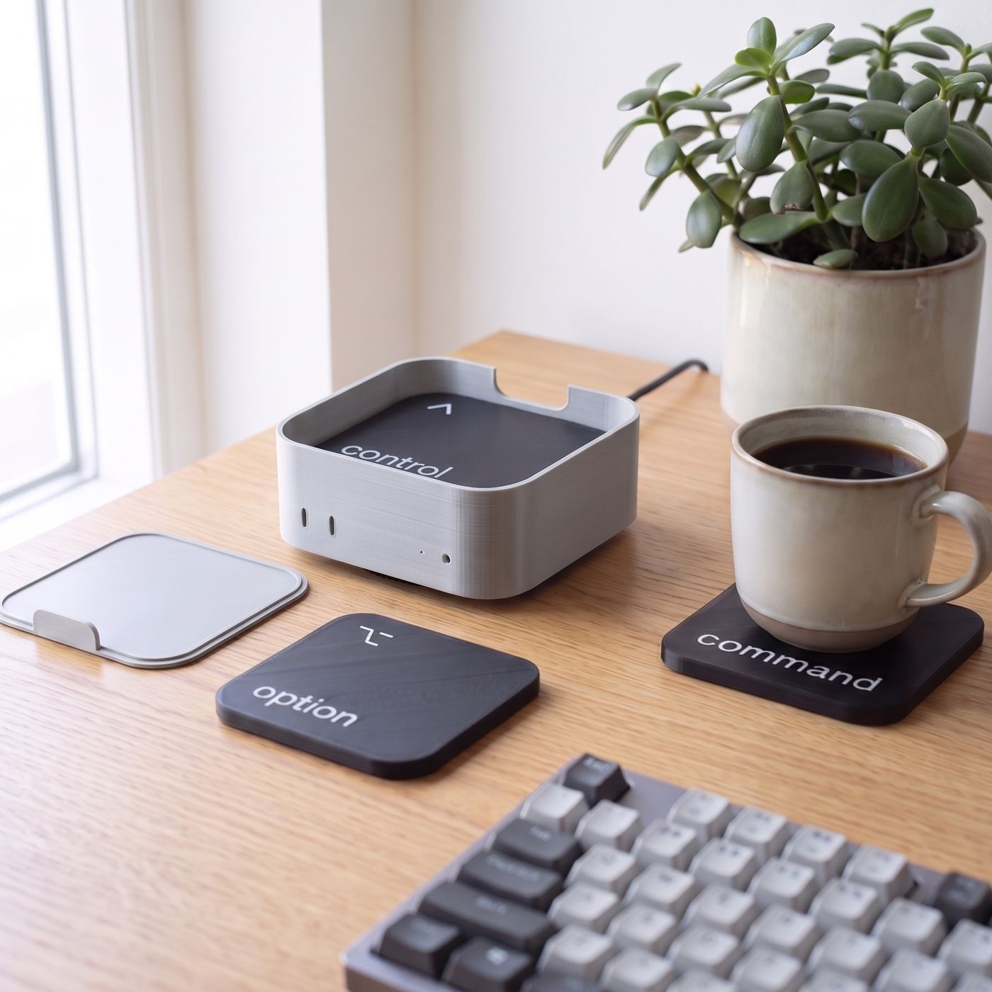 The Mac mini holder open on an oak desk with its cap lying beside it, the control coaster still inside, the option coaster on the desk and a cup of coffee on the command coaster.